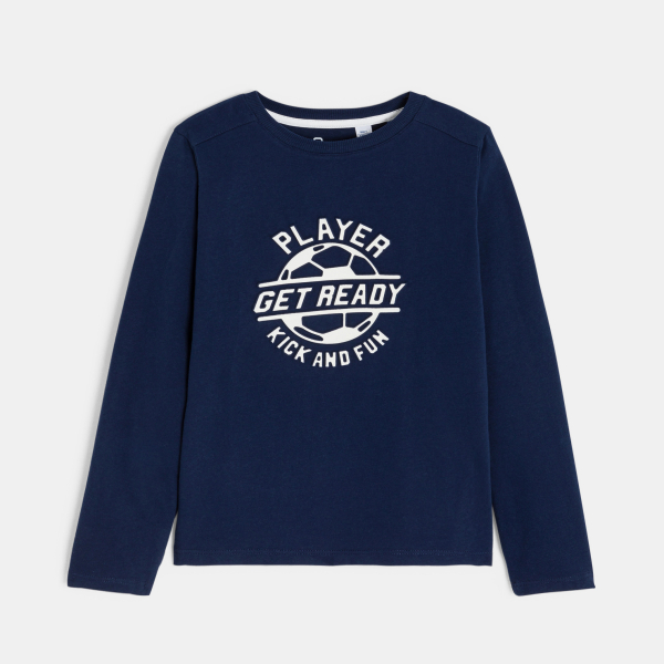 تيشيرت بأكمام طويلة ورسالة مطبوعة باللون الأزرق الداكن للأولاد.